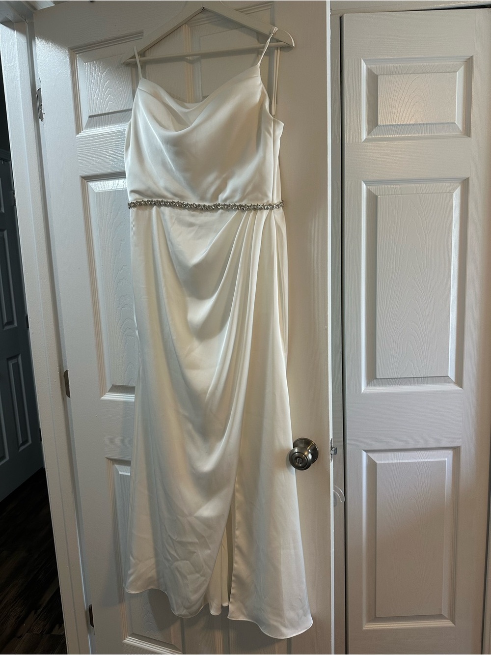 Morilee 21856 ivory luxe satin cowl neck sheath dress